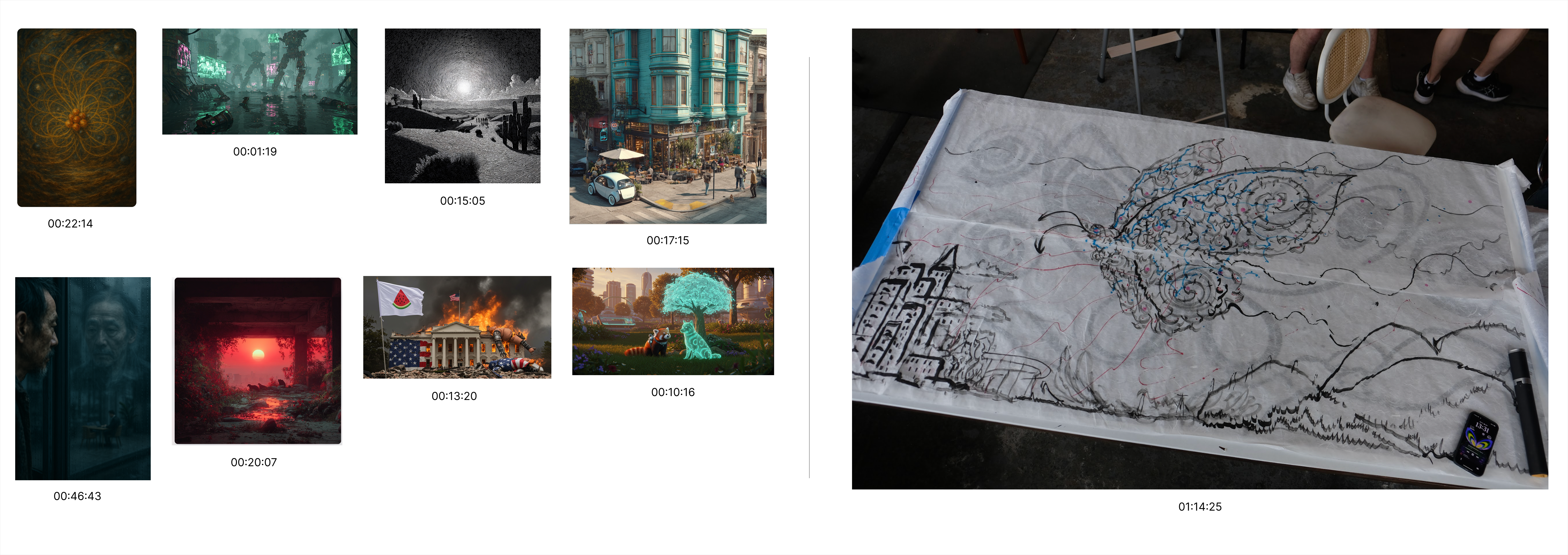 A side-by-side visualization of the output from the workshop with the time it took to complete.